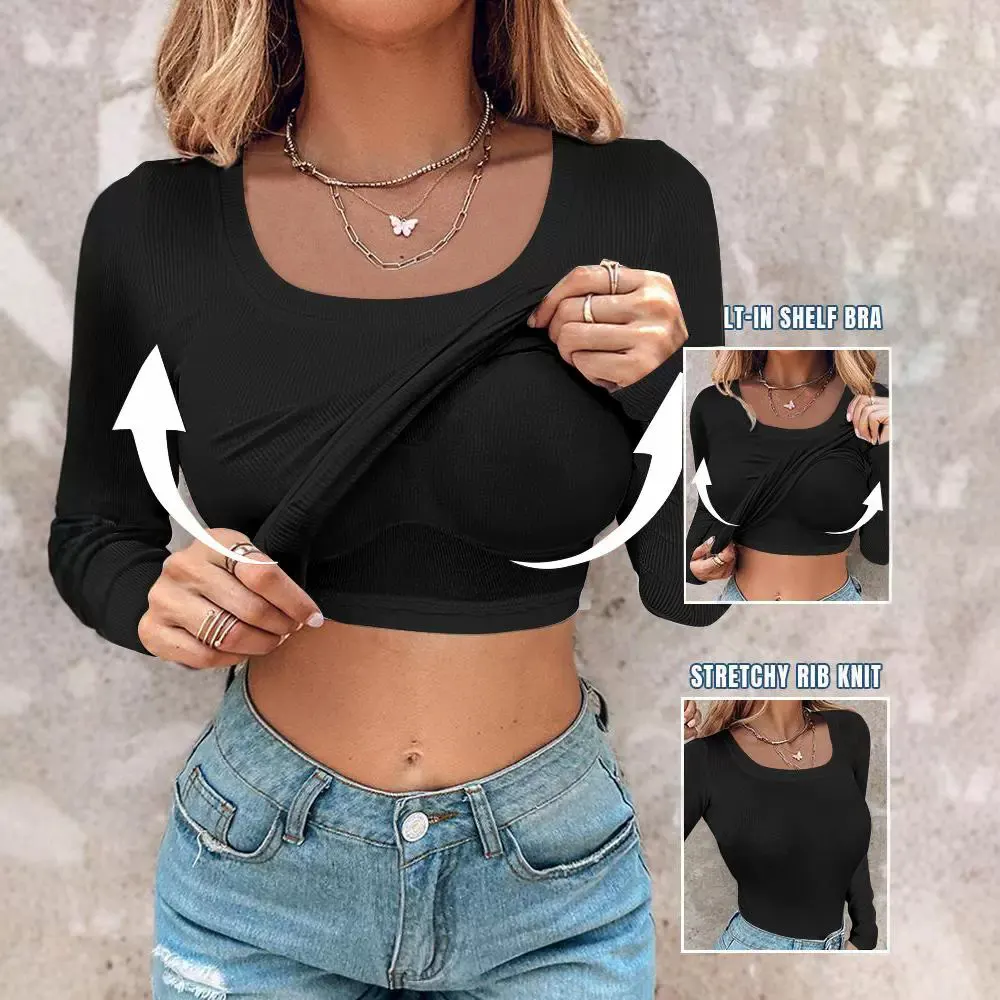 유럽 및 미국 리브드 U넥 롱 슬리브 탑 패드 브라 포함