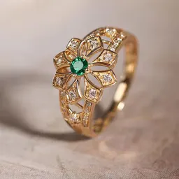 Anel de mulher com design de flor pequena, pedra verde e zircão banhado a ouro