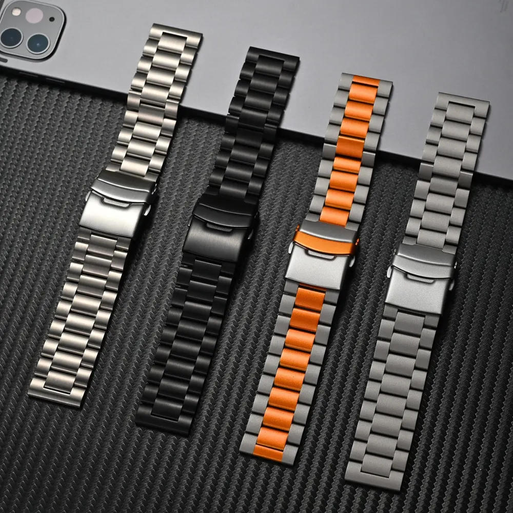 ストラップ 純チタンメタルウォッチストラップ 三連バックル セーフティクラスプ