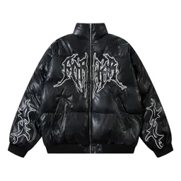Casaco acolchoado de couro PU, tendência americana retrô 2024 outono/inverno, com patch de couro bordado, casaco de algodão masculino quente reforçado