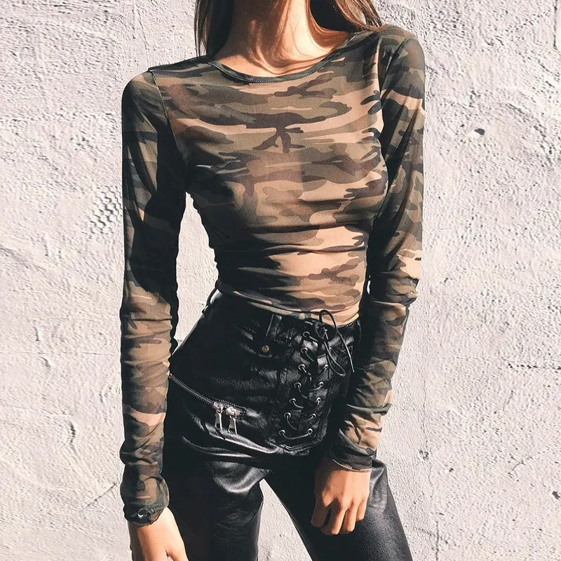 欧美女装ins风2024新款亚马逊外贸跨境短款上衣露脐透视迷彩T恤
