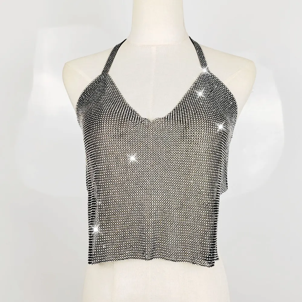 Regata de alças finas de praia com moda de cintura oca e decote em V com strass, para o verão europeu e americano, colete pequeno slim