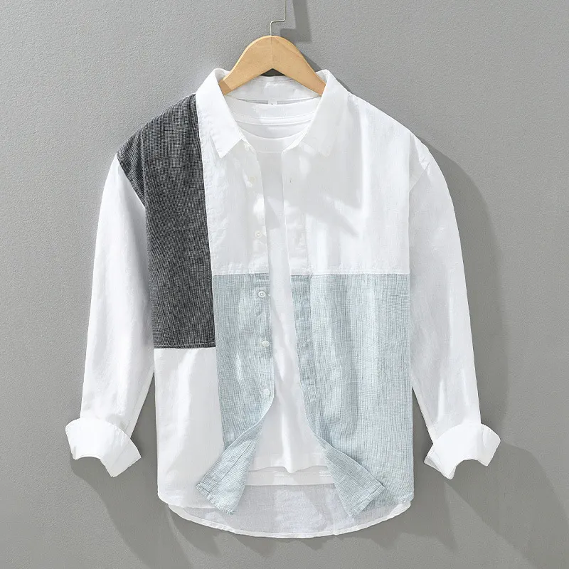 Camisa Masculina de Manga Comprida com Contraste de Cor e Costuras