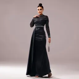 Vestido de noite de gala, formato sereia e ajustado, com mangas compridas, pérolas e para banquetes