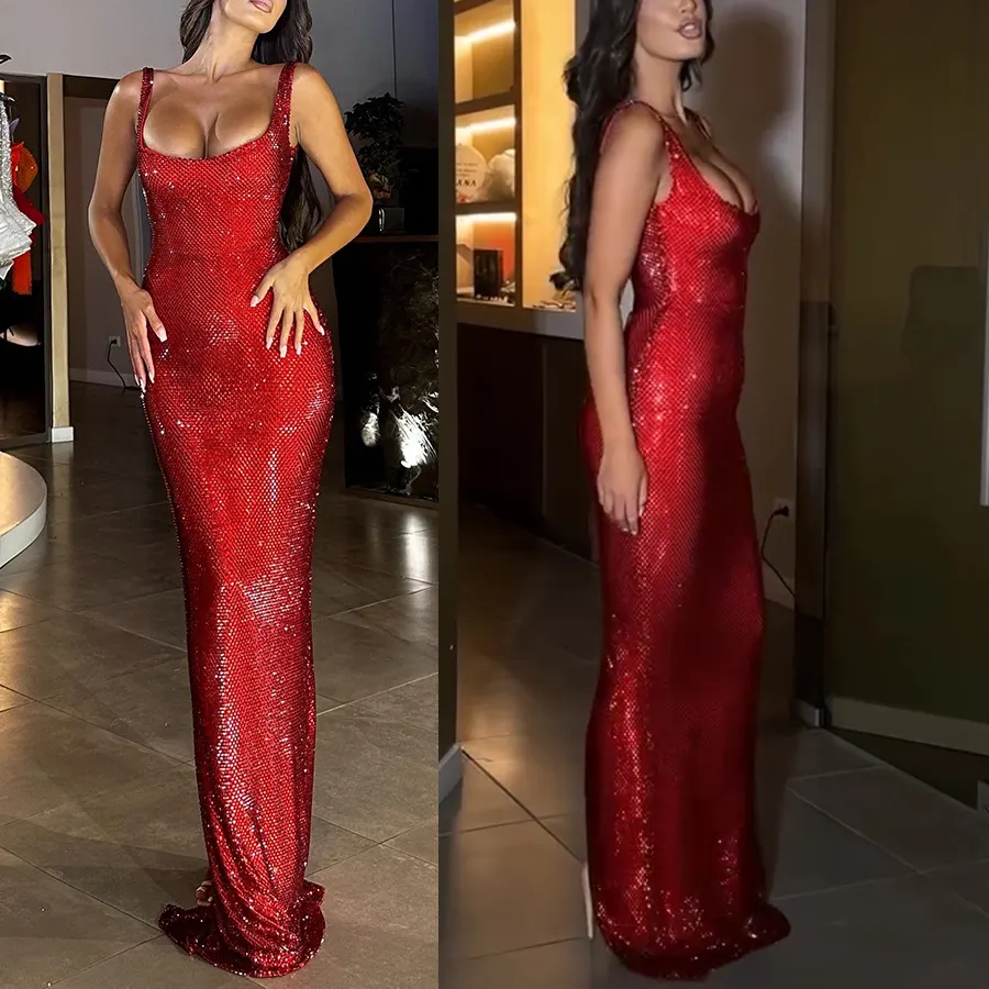 Vestido de alças finas novo para festas primavera/verão 2025 europeu e americano, vestido feminino casual sexy com saia envolvente na cintura, estilo INS