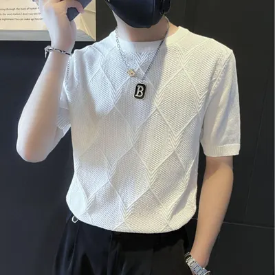 Isgummi Kortärmad T-shirt för Män Sommar Tunnt Fashionabel Stickad Skjorta Smal Passform Elastisk Andas Brittisk Elegant Yuppie Herrkläder