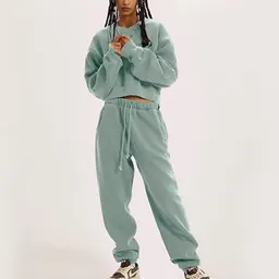 Conjunto de moletins de streetwear, moletim decote em V, manga comprida, cropped, calças desportivas com atacador