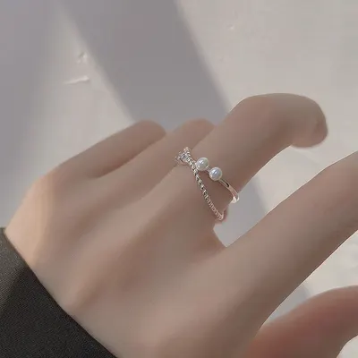 Ailuoqi S925 Sterlingsilver Fräsch Söt Ins-stil Niche Design Diamantinsatt Tvådelad Pärla Öppen Ring R023