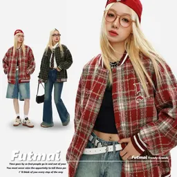 Casaco de basebol masculino com xadrez bordado e elegância de outono, casaco casual de marca trendy para casais, primavera e outono