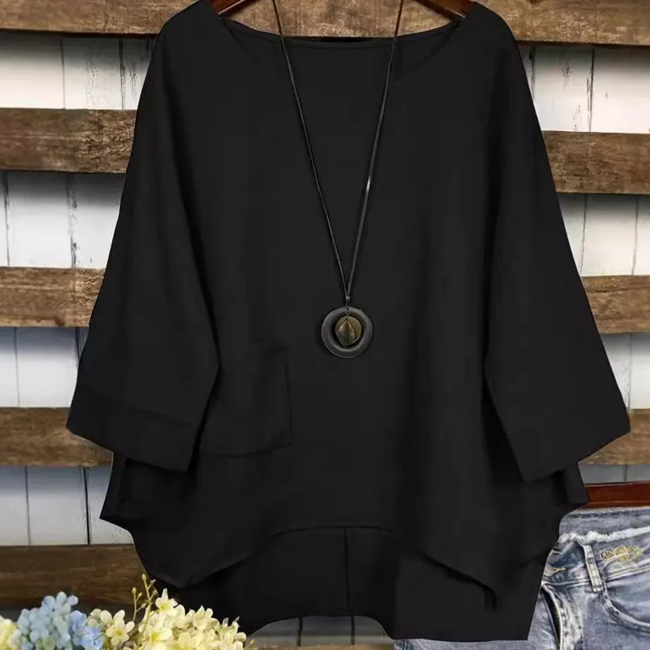 Sommodesign plus storlek rund hals ficka enfärgad oregelbunden blus