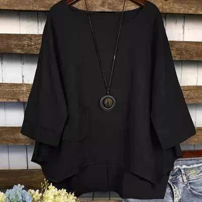 Blusa plus size de moda de verão, gola redonda, bolso, cor sólida, design irregular