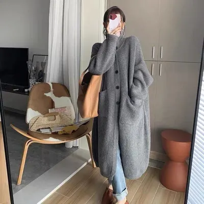 Cardigão de tricô de manga comprida, gola alta, estilo preguiçoso coreano, feminino, de botão único, cor sólida, casaco de comprimento médio para outono/inverno