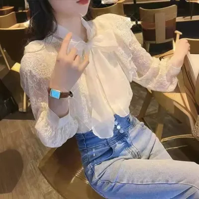 Camisa de renda com laço super fada, manga comprida, para mulheres na primavera e outono, estilo europeu, fashion, slim, base interior