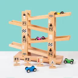 Nuevo Coche Deslizante de Cuatro Pistas Juguete Educativo de Ensamblaje para Niños Coche de Tira y Afloja por Inercia Coche de Carreras de Ensamblaje Creativo de Madera