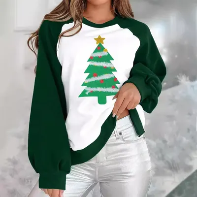Långärmad dam lös fashionabel rund hals raglan tröja, europeisk amerikansk jul digitaltryck