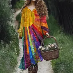 فساتين طويلة الأكمام متعددة الألوان بتصميم عتيق بلا V