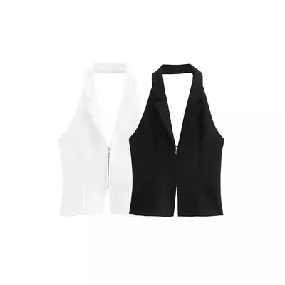 Temperament slim fit zipper design open back halter neck top