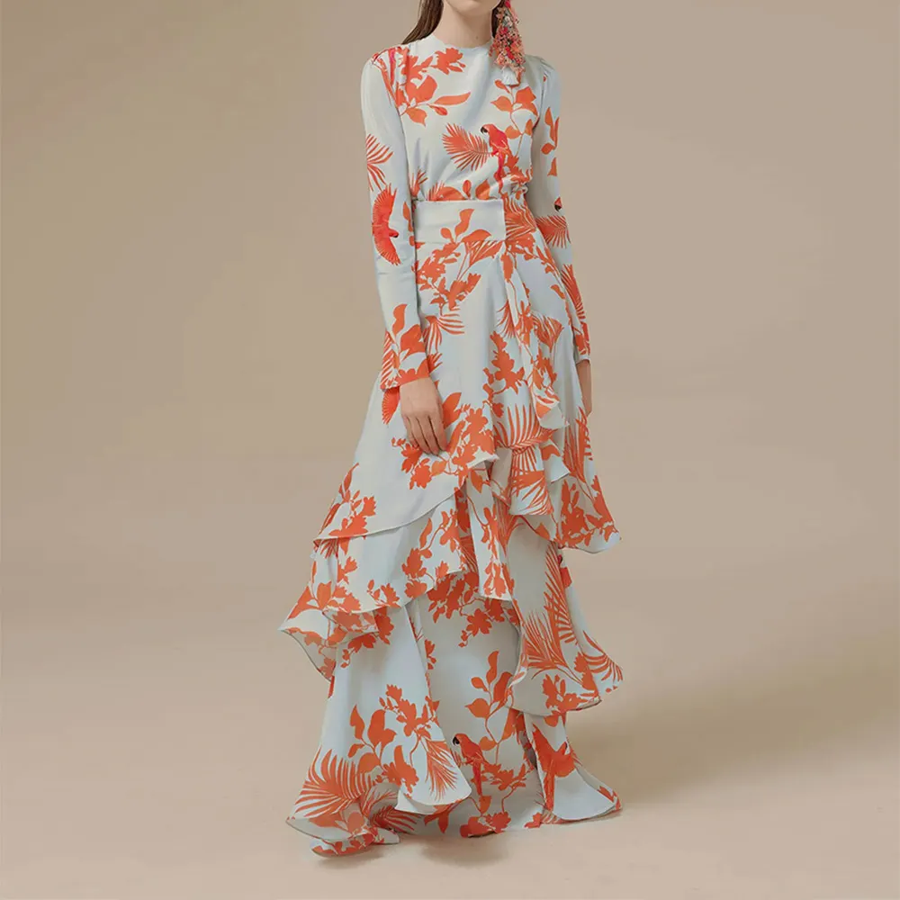 Vestido de Vacaciones con Estampado de Moda y Volantes