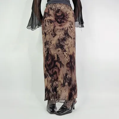 Saia comprida de cintura alta, slim, estilo floresta retrô europeu e americano, saia longa de saia A com estampa de rosa para o outono, para mulheres