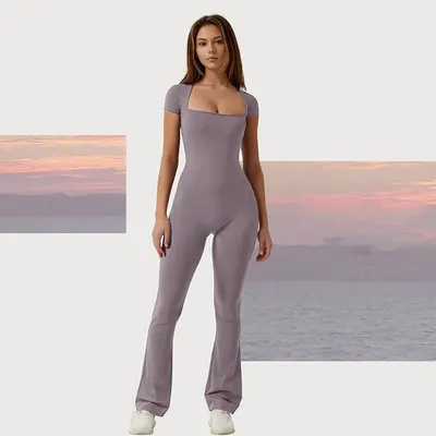 M24JP112 Roupa Feminina Europeia e Americana, Novo Macacão Sexy de Manga Curta, Decote Quadrado, Cor Sólida, Verão de 2024 na Amazon, Por Grosso