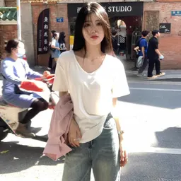 ホワイト Vネック ショルダーTシャツ レディース
