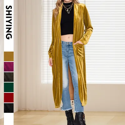 Shiying Casaco Comprido Feminino Elegante e de Temperamento, Cardigã de Manga Comprida de Cor Sólida para Mulheres Europeias e Americanas, Transfronteiriço, com Veludo de Outono