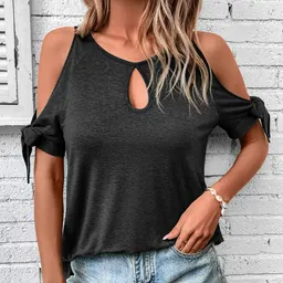 T-shirt Feminina de Manga Curta, Moda, Com Furos e Amarrações