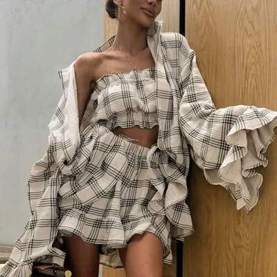 Conjunto Retro Solto, Camisa Xadrez de Manga Comprida, Top Curto, Shorts, Conjunto de Três Peças Casual e Moderno