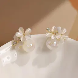 Pendientes de aguja de plata S925 con piedra ojo de gato y flores retro