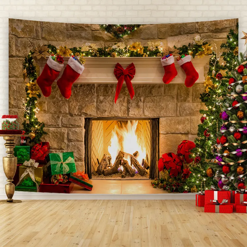 Tapete de Natal, tapete de lareira de Natal, pano de parede de fundo de Natal, pano suspenso decorativo festivo, tapete de Natal personalizado