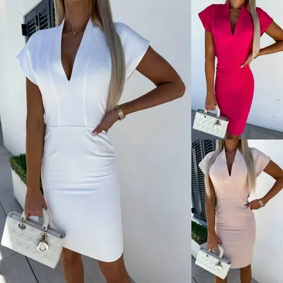 فساتين نسائية أنيقة للعمل بتصميم V-neck للصيف مقاس ضيق