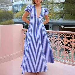 Vestido com manga bufante, decote em V, baixo corte, estampado com listras, grande balanço, novo 2024, comércio exterior transversal, Independent Station, estilo europeu e americano
