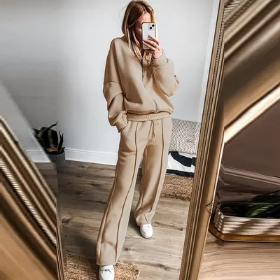 Traje casual de cores sólidas para mulheres, conjunto de duas peças, solto, que modela a silhueta