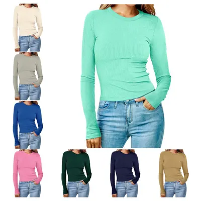Top T-shirt feminina de primavera 2024, nova coleção europeia e americana, gola redonda, manga comprida, riscos salientes, cor sólida, para mulheres