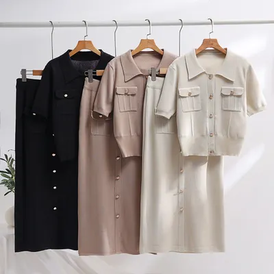 Conjunto de duas peças de camisola de malha com gola polo e manga curta para mulher, novo