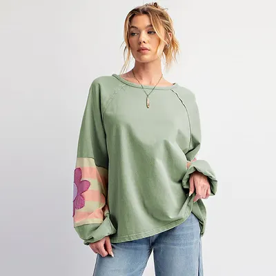 Sweatshirt de gola redonda, oversized, T-shirt de manga comprida para mulheres