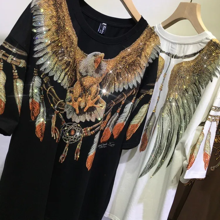 Plus Size 2-300 Jin Fat MM Hot Diamond Top Loose Trendy Heavy Duty Double-Sided Bright Harley Eagle Couple T-shirt Short Sleeve