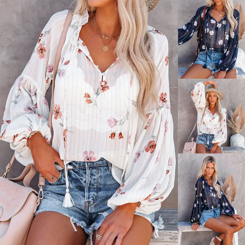 Top de chiffon estampado retrô com decote V e mangas de lanterninha