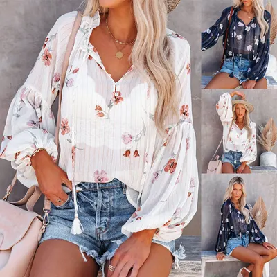 Top de chiffon estampado retrô com decote V e mangas de lanterninha