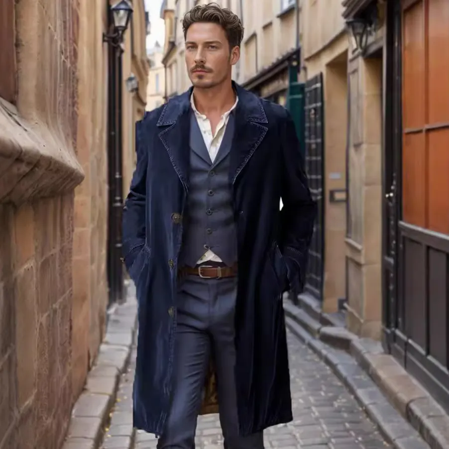 Cortavientos de pana para hombre, abrigo de un solo pecho de color liso de longitud media
