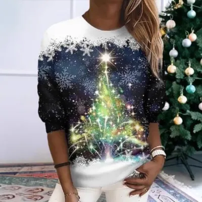 Moletom com gola redonda, estampado, com flocos de neve, best-seller, para mulher