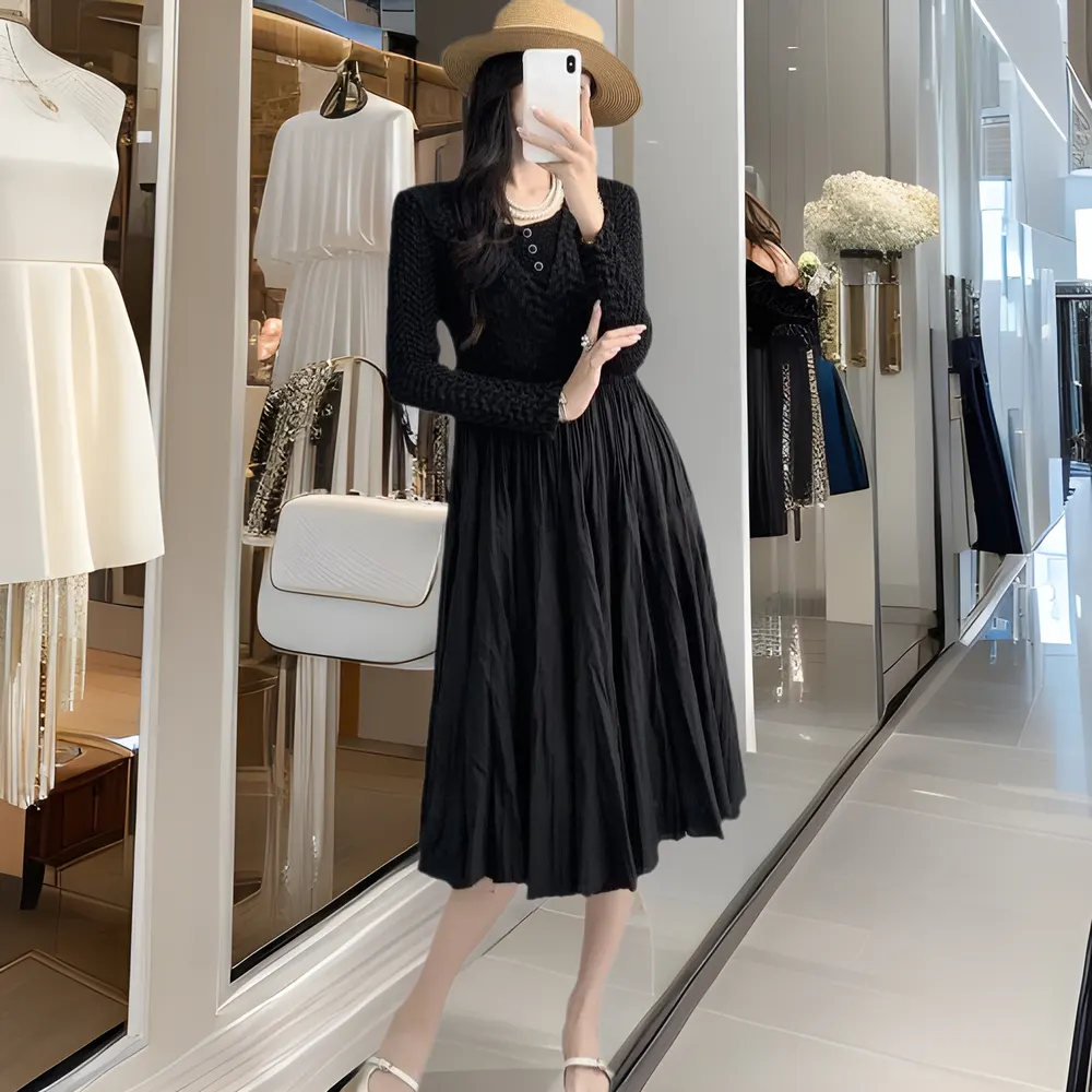 Vestido A-line plissado com temperamento e modelagem slim