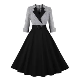 Vestido de algodão feminino de estilo Hepburn de fronteira da Amazon, xadrez com recorte, cintura preta, sete mangas, retrô e elegante, com saia ampla