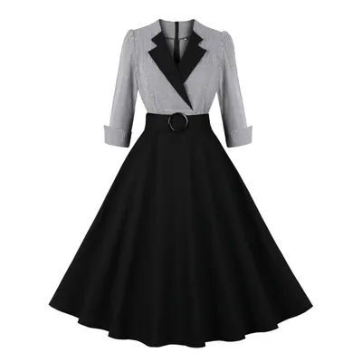 Vestido de algodón de manga de siete puntos, plisado en la cintura, estilo Hepburn, a cuadros, negro, con gran vuelo, retro elegante, transfronterizo de Amazon