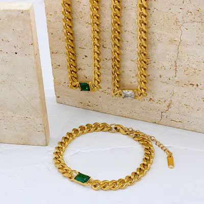 Colar com elos cubanos de aço inoxidável estilo europeu e americano, com zircão, banhado a vácuo a 18K