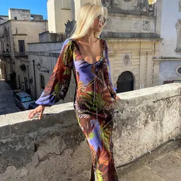 Vestido longo novo da tendência europeia e americana para mulheres, estampado, estilo retrô, modelo Wan Jia com alças, doce, coleção 2025