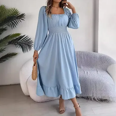 Elegant casual enfärgad fyrkantig hals stor sväng lotusbladskjol klänning