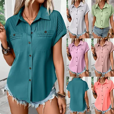 Top feminino de manga curta, lapela, ombros plissados, bolso, camiseta, blusa