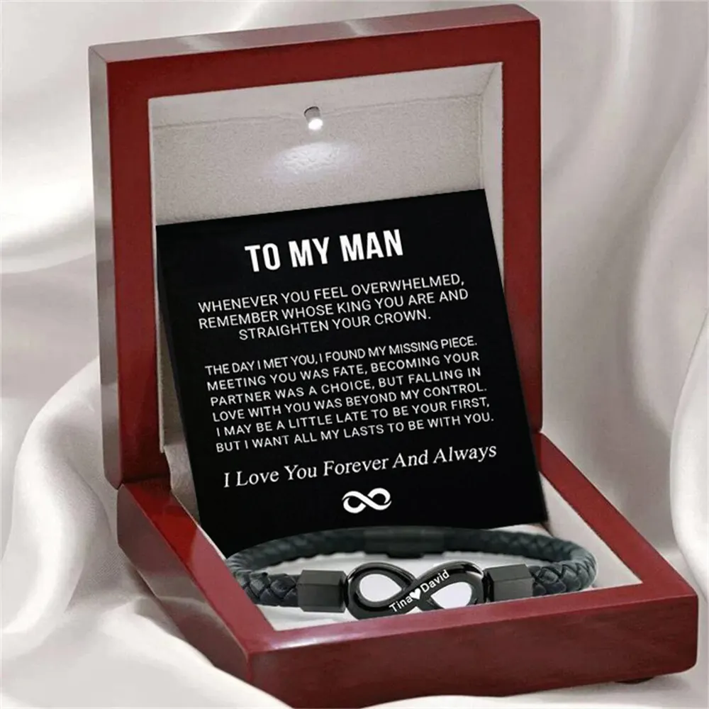 Pulseira masculina de couro artesanal, aço inoxidável preto, design de 8 palavras