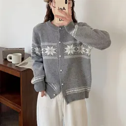 Cardigã de malha jacquard com padrão de cores estilo coreano, casaco de malha novo e solto de outono e inverno para mulher, exterior elegante de gola redonda